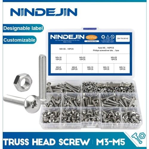 NINDEJIN Truss Round Head Screw Set Stainless Steel M3 M4 M5 Phillips Screw with Nuts Assortment Kit Machine Screw