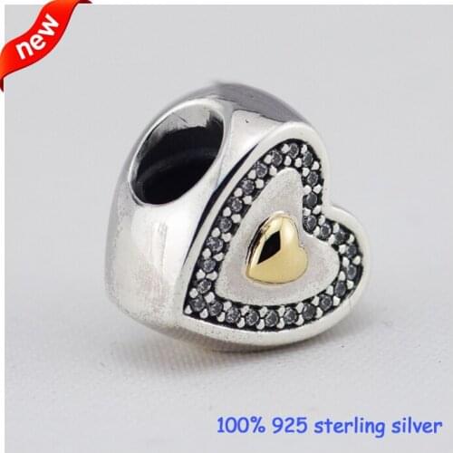 Fits Pandora Bracelets Heart Silver Beads with 14K Gold Summer Style 925 Sterling Silver Charms DIY Wholesale 09215
