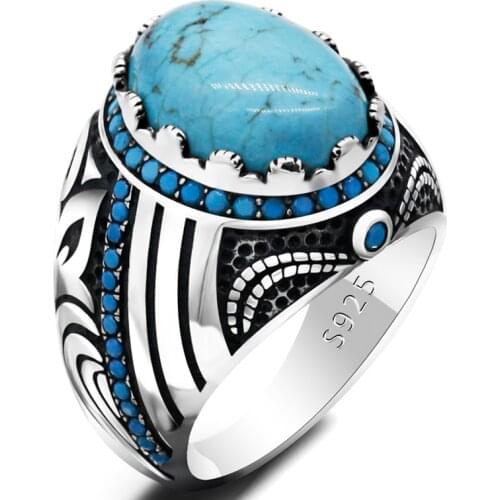 Natural Turquoise Ring for Men 925 Sterling Silver Vintage Blue Gem Stone Rings Turkish Handmade Lucky Jewelry Male Women Gift