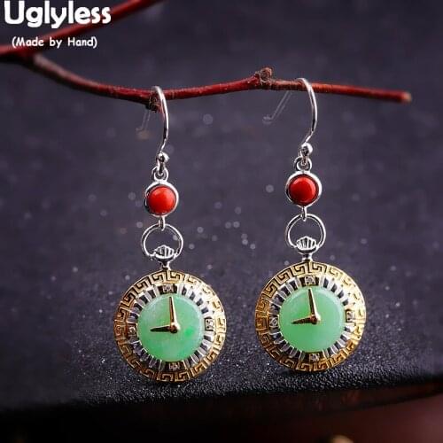 Uglyless Creative Designer 9AM/PM Emerald Clock Earrings for Women Real 925 Silver Ethnic Agate Earrings Brincos Jewelry E1452