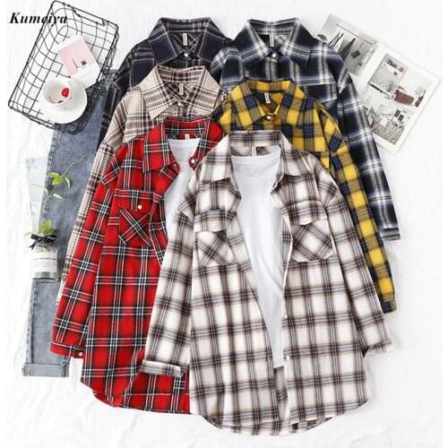2020 Autumn Plaid Flannel Shirt Women Blouses And Tops Retro Cotton Lady Loose Outwear Chemisier Femme Two Pockets