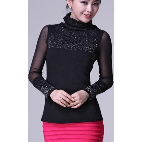 Womens Spring Autumn Style Mesh Blouse Shirt Womens Turtleneck Long Sleeve knitted Solid Color Korean Slim Tops DD8495