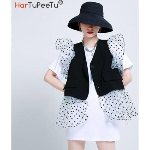 White T Shirt Mini Dress Two Piece Set Women 2020 Summer Suits Patchwork Tulle Polka Dot Buttons Vest Coat and Long Tee Sets