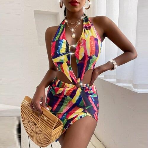 2021 Women Swimwear Printed Halter Ring Hollow Out One Piece Swimsuit PushUp Backless Side Slit Femme Bikini Set Sexy Biquini