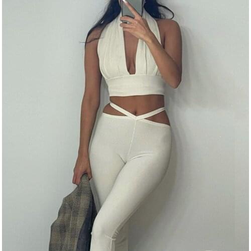2Pcs Women Summer Outfits Solid Color Halter Neck Backless Crop Tops + Hollow-Out Tight Pants for Girls White