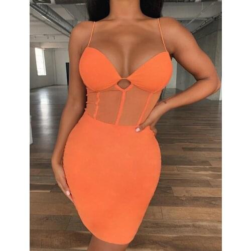 DEIVETEGER New Orange mesh with bra sexy V neck spaghetti strap bandage dress women pencil party club bodycon dress Vestidos