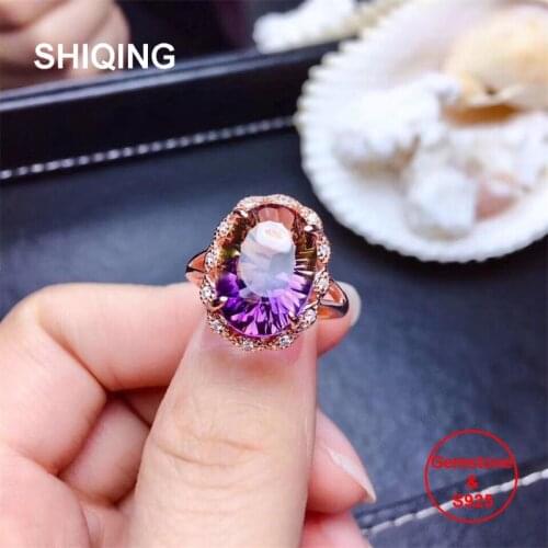 SHIQING Nature Ametrine 925 sterling silver vintage flower delicate luxury ring for women