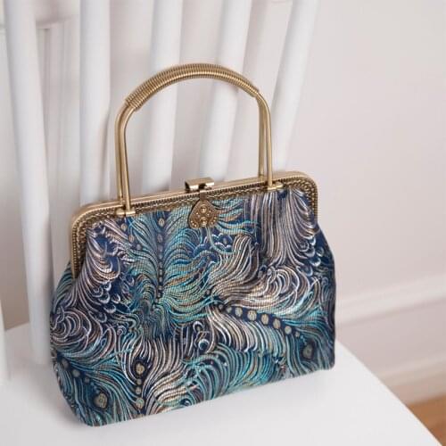 2020Origional Chinese-Style Bag Vintage Silk Cross-Body Handbag Feather Printed Gold Bag