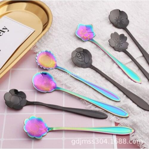 50pcs Flowers Shaped Long Handle Stirring Spoon Coffee Scoops Stainless Steel Rainbow Tableware Coffee Dessert Tool