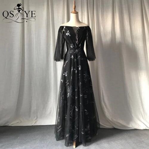 Black Lace Prom Dress Off the Shoulder Long Sleeves Evening Gown Print Embroidery Lace Tulle Girl Party A Line Women Long Dress