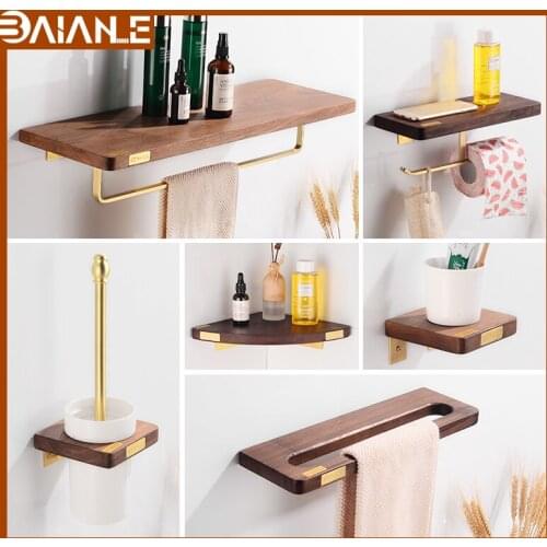 Bathroom Towel Holder Brass Wood Towel Rack Hanging Holder Wall Mounted Bathroom Shelf Organizer Creative Toilet Paper Holder