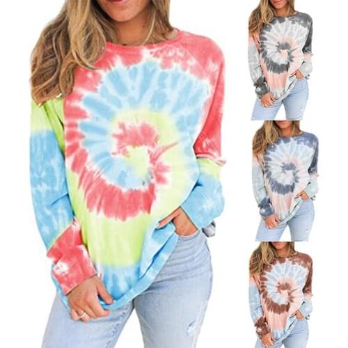 Hot kf-Women Tie Dye Crewneck Long Sleeve Sweatshirt Casual Loose Pullover Colorblock Shirts Tops