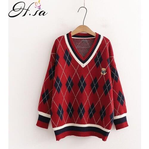 Hsa 2021 Spring Plaid Bear V-neck Pullover Sweater Womens New Loose and Korean Style Knitwear Sweater Tops winter sweater women