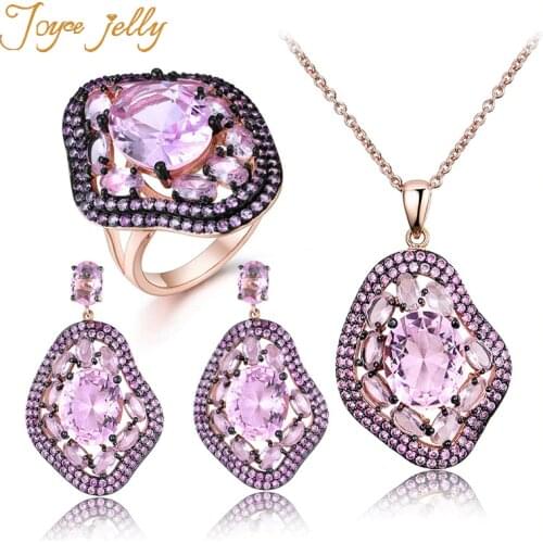 JoyceJelly Trendy Women Fashion Jewelry Set 925 Silver Necklace Earrings Ring Pink Purple Gemstone Oval Shape Hot Selling Gifts