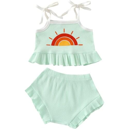 New Kid Camisole + Shorts, Sun Pattern Bow Straps Elastic Waist Sweet Style Summer Clothing