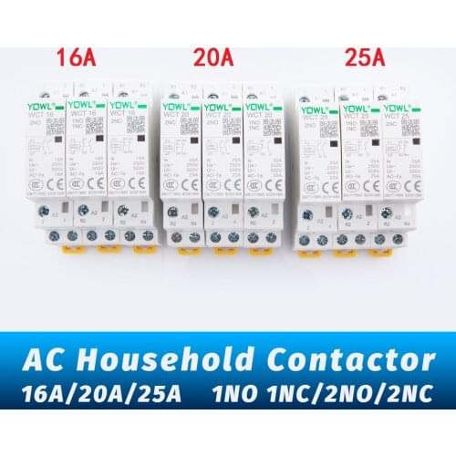 220V 230V 50/60Hz AC Contactor Din Rail Mounted Household 2P Modular 16A 20A 25A 2NO/1NO 1NC / 2NC for Smart Home House Hotel