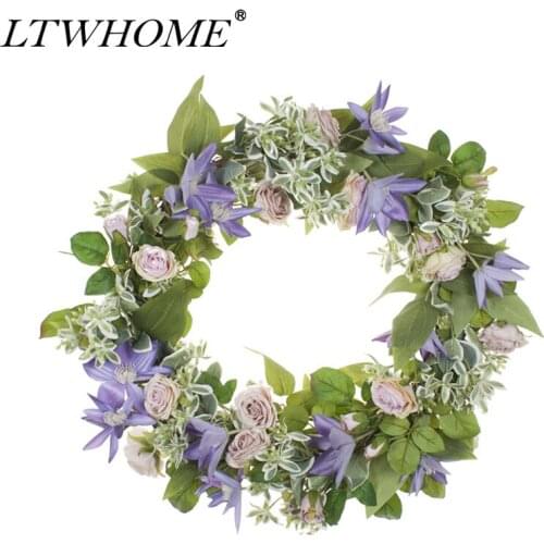 LTWHOME WHPCL 21.5 Inch Handmade Spring Summer Wreath with Clematis, Rose, Greenery for Front Door, Wall, Mantelpiece, Window