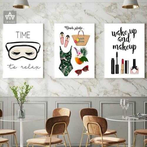Fashion Print Makeup Wall Art Decor Wake Up and Makeup Quote Art Summer Art Beach Posters Canvas Painting Girly Salon Decoration