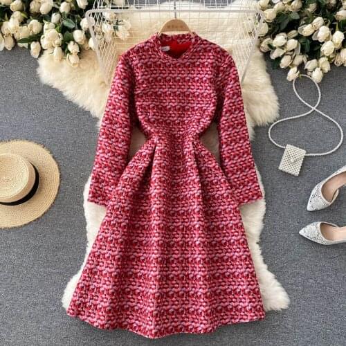 Fall 2021 New Vestidos Womens Long-sleeved Round Neck Fashion Jacquard Stitching Slim Slim Midi Dress DF728