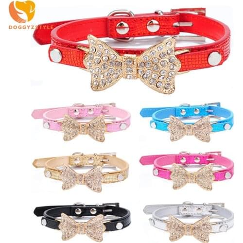 Bing Rhinestone Dog Collars Cute Bowknot Collar For Small Dogs Cat Adjustable PU Leather Pet Dog Puppy Collar Necklace Chihuahua