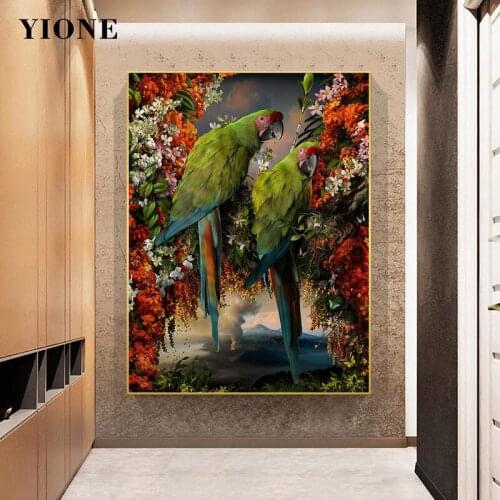 Couple Green Parrot Canvas Painting Retro Abstract Animal Volcanic Flowers Bird Poster Wall Art Prints Picture for Living Room