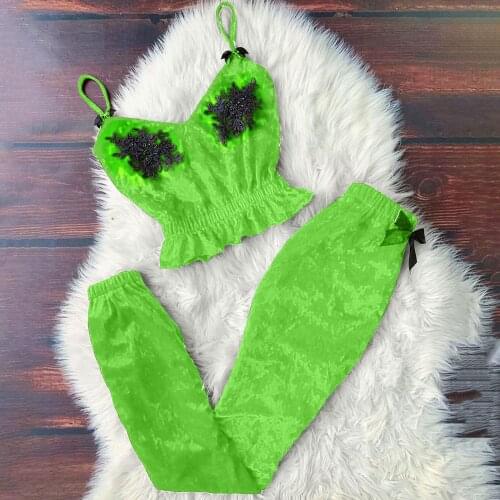 Sexy Women Bra Top Pajamas Suit V-Neck Eyelash Lace Sexy Stain Camisole Pajamas Bowknot Pants Set Pyjama Polaire Femme