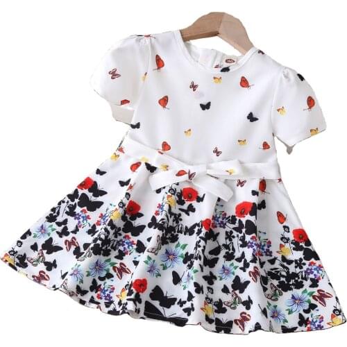 Toddler Girl Dresses Summer Print Floral Butterfly Cute Short Sleeve White Dress for Girls Party Vestido Spring Children Clothes