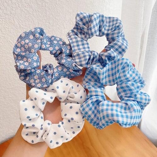Soft Women Hair Scrunchie Blue Series Elastic Hair Bands Striped Dot Floral Stretchy Hair Ties Accessories Girls Ponytail Holder
