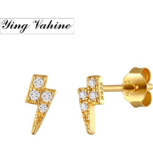Ying Vahine 100% 925 Sterling Silver Simple CZ Lightning Stud Earrings for Women