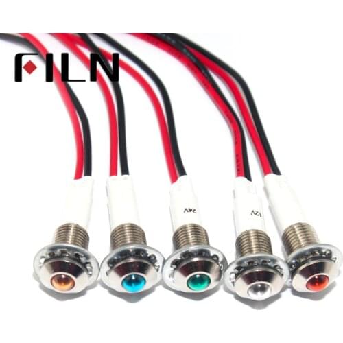 FILN 10mm metal red green yellow blue white led 6v 24v 36v 48v 110v 220v 12v indicator light with 20cm cable