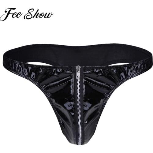 Gay Mens Sexy Lingerie Patent Leather Briefs Sissy Panties Open Crotch Bulge Pouch Bikini Underwear Underpants with Front Zipper