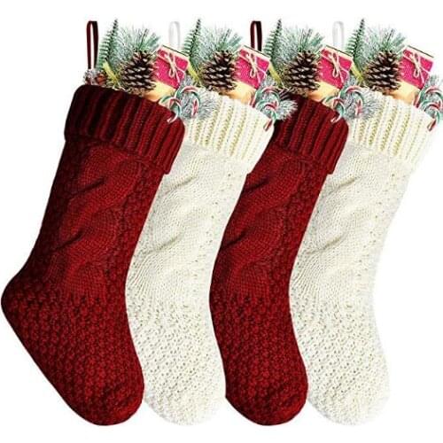 Unique Burgundy Knit Christmas Stockings Rustic Personalized Knitted Xmas Party Decoration Stocking Cream white 37cm