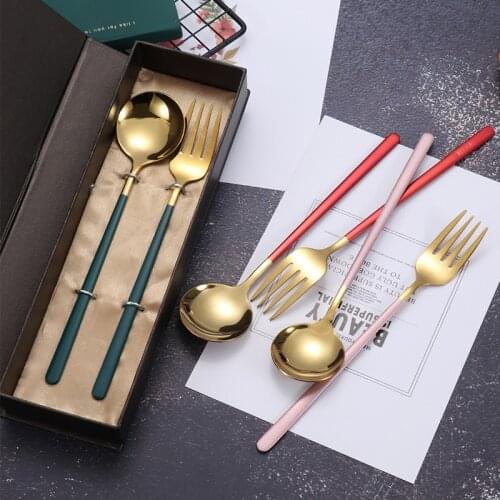 304 Stainless Steel Titanium Fork Round Spoon Long Handle Korean Bibimbap Spoon Portable Gift Box 2pcs/Set
