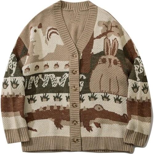 High Street Vintage Knitted Cardigan Men Rabbit Animal Graphic Graffiti Sweater Harajuku Casual Oversize Cardigans Winter Unisex