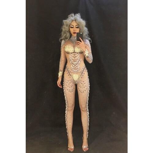 White Queen Nightclub Stage Costume DJ DS Singers Jumpsuit Sparkling Crystals Bodysuit Bling Womens Outfit Birthday Celebrate