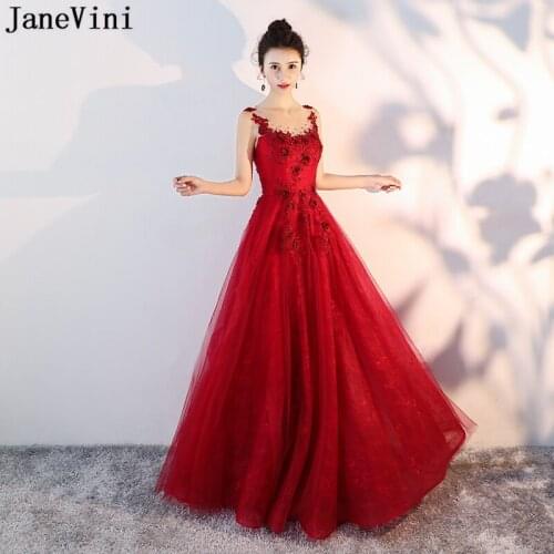 JaneVini Burgundy Bridesmaid Dresses A Line Sheer Scoop Neck Lace Appliques Beaded Sheer Back Floor Length Lace Long Prom Gowns