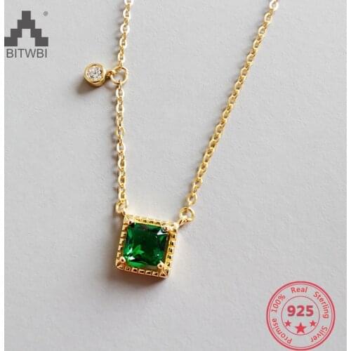 100% Genuine S925 Sterling Silver Fashion Geometric Square Emerald Zircon Necklace Womens Gift