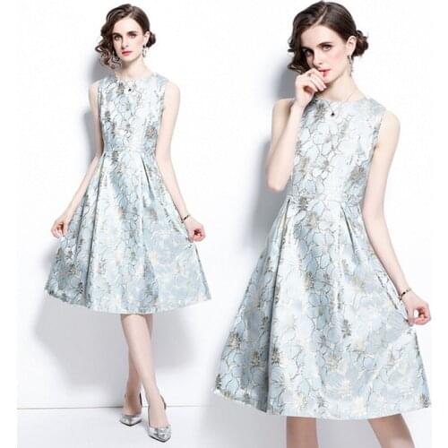 2021 summer fashion women High Quality Vintage Sleeveless Jacquard Floral Midi casual Dresses