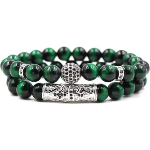 8mm 2PCS/Set tg24 elastic adjusted nature green Tigereye bead micro pave cz zircon cubic zirconia Copper Bangles Bracelet