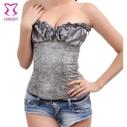 Side Zipper Push Up Bra Cup Strap Sexy Bustier Top Paisley Pattern Gothic Espartilhos Corset Corselet Overbust Korsett For Women