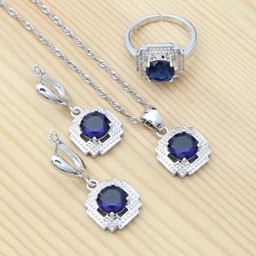 925 Silver Jewelry Set Blue Stone Cubic Zirconia Earrings Ring Pendant Chain Set for Woman Party Accssories