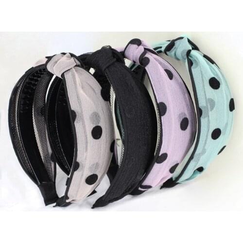 Korean Sweet Black Dots Gauze Mesh Headband 5cm wide Fashion Women Hair Accessories Girls Vintage Top Knot Hairband with teeth
