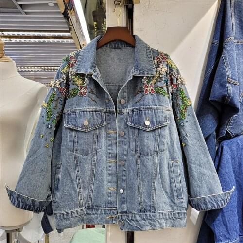 Heavy Work Beading Sequins Flowers Denim Jacket Women Loose Short Outerwear Autumn Streetwear Fashion Korean Jeans Jacket Female