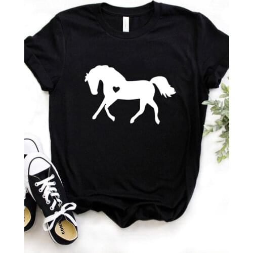 Horse with Heart Lover Print Women T Shirt Short Sleeve O Neck Loose Women Tshirt Ladies Fashion Tee Shirt Tops Camisetas Mujer
