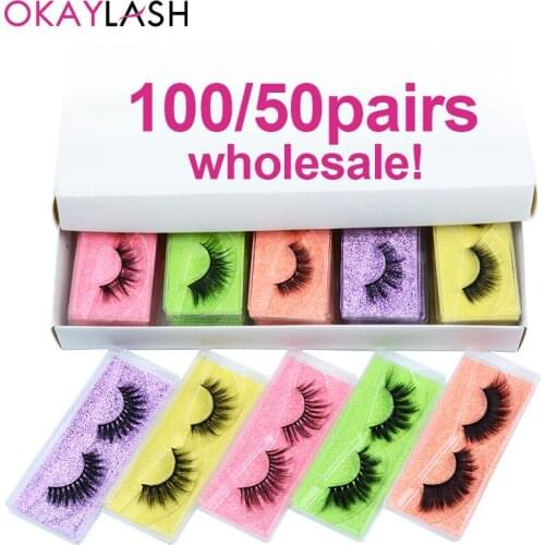 OKAYLASH 100/50 Pairs Natural long 3D 5D Faux Mink Eyelash Wholesale Bulk Order Fluffy Cruelty Free Eye Lash Vendor