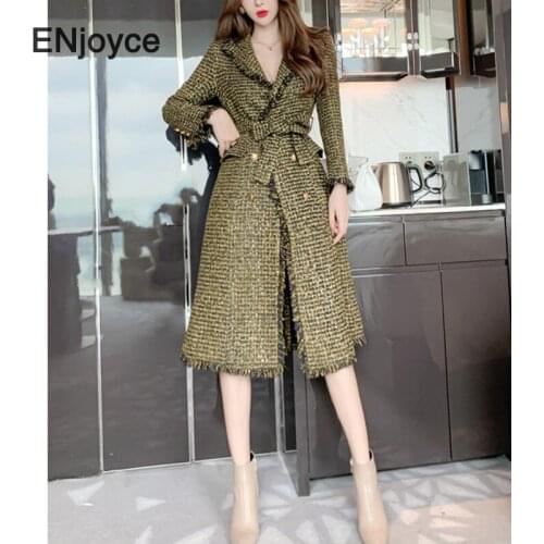Fall Winter Women Plaid Double Breasted Coat with Belt Elegant Ladies Luxury Brand Long Coats Korean Fashion Clothes