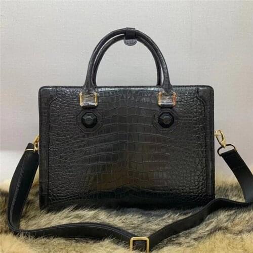 Authentic Crocodile Belly Skin Businessmen Laptop Briefcase Genuine Exotic Alligator Leather Male Large Black Top-handle Handbag