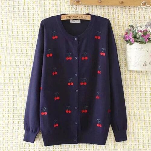Plus size cardigans for women 2021 autumn O-Neck Cherry embroidery Womens oversize sweater red gray Navy Womens clothing