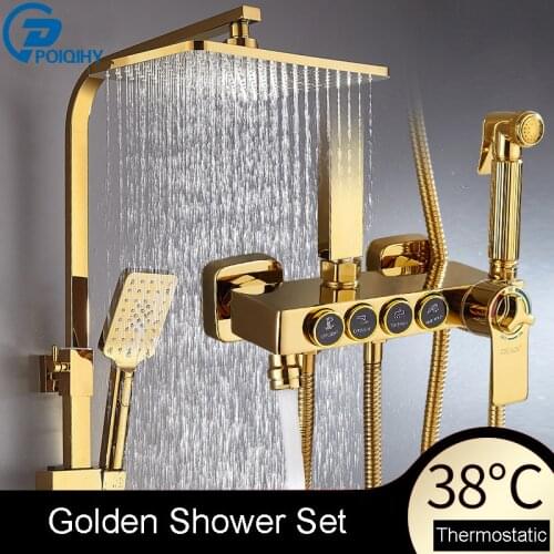 POIQIHY Golden Shower Faucet Thermostatic Bath Shower Set Intelligent Thermostate Faucet with Bidet Spray Gun Bath Shower Mixers