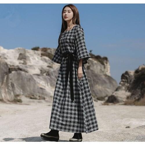 LZJN Spring Dresses 2020 New 3/4 Sleeve Women Plaid Dress Elegant Square Neck Cotton Maxi Dressess with Belt